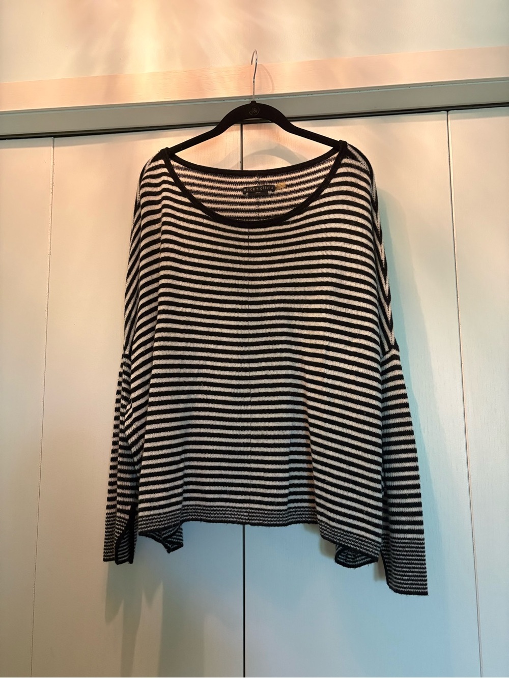 Alice + Olivia Black and White Striped Scoop Neck Sweater